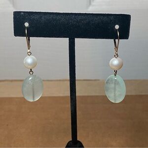 14K YG Pearl And Aquamarine Dangle Earrings